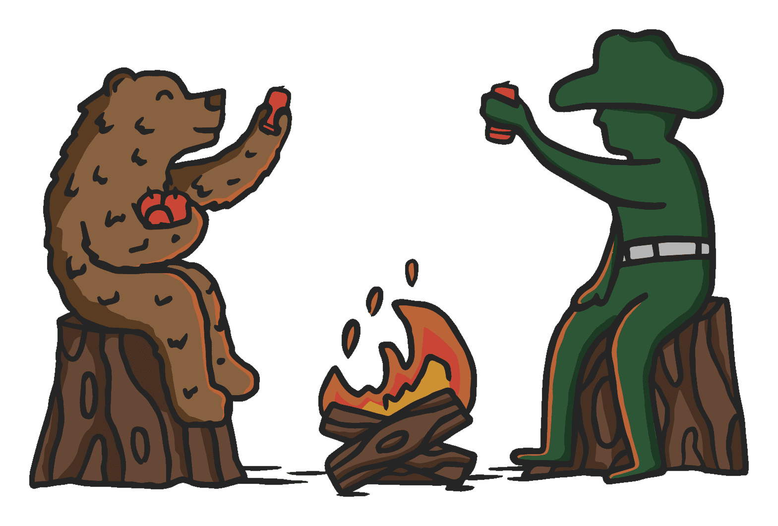 The Green Guy and a bear sharing a campfire