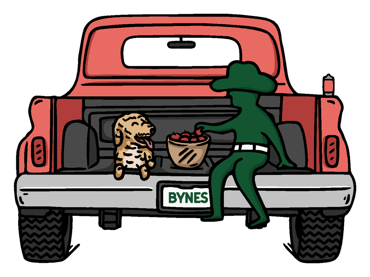 The Green Guy and the Golden Lab in the truck bed among fall leaves